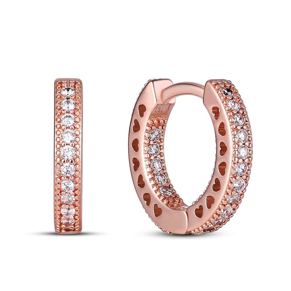 BEEUVIP 925 Silver Hoops Rose Gold Pavé Heart Hoop Earrings Silver Hoop Earrings for Women Gold Hoop Cubic Zirconia Earrings Hypoallergenic Earrings (BE127-B)