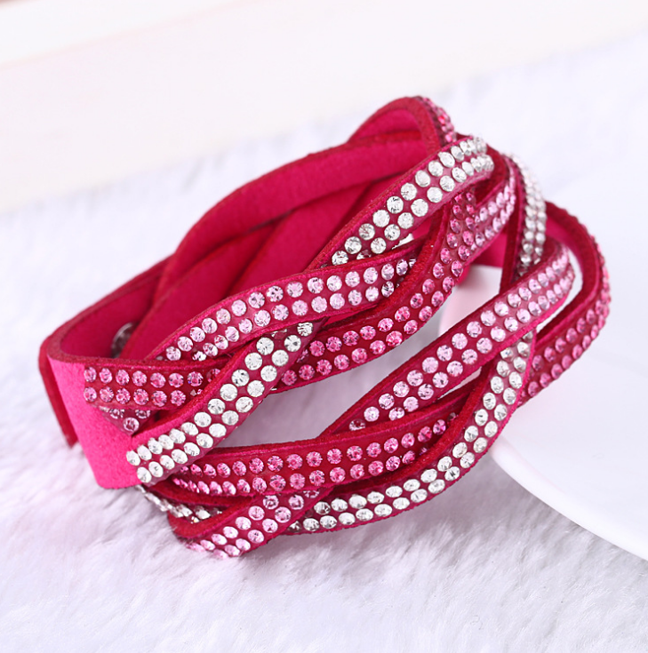 Multi-Layer Leather Bracelet with Rhinestones