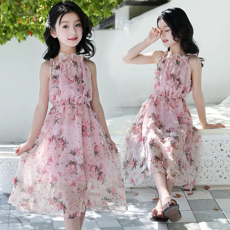 Girls' Bohemian Summer Dress - Floral Beach Maxi Dress