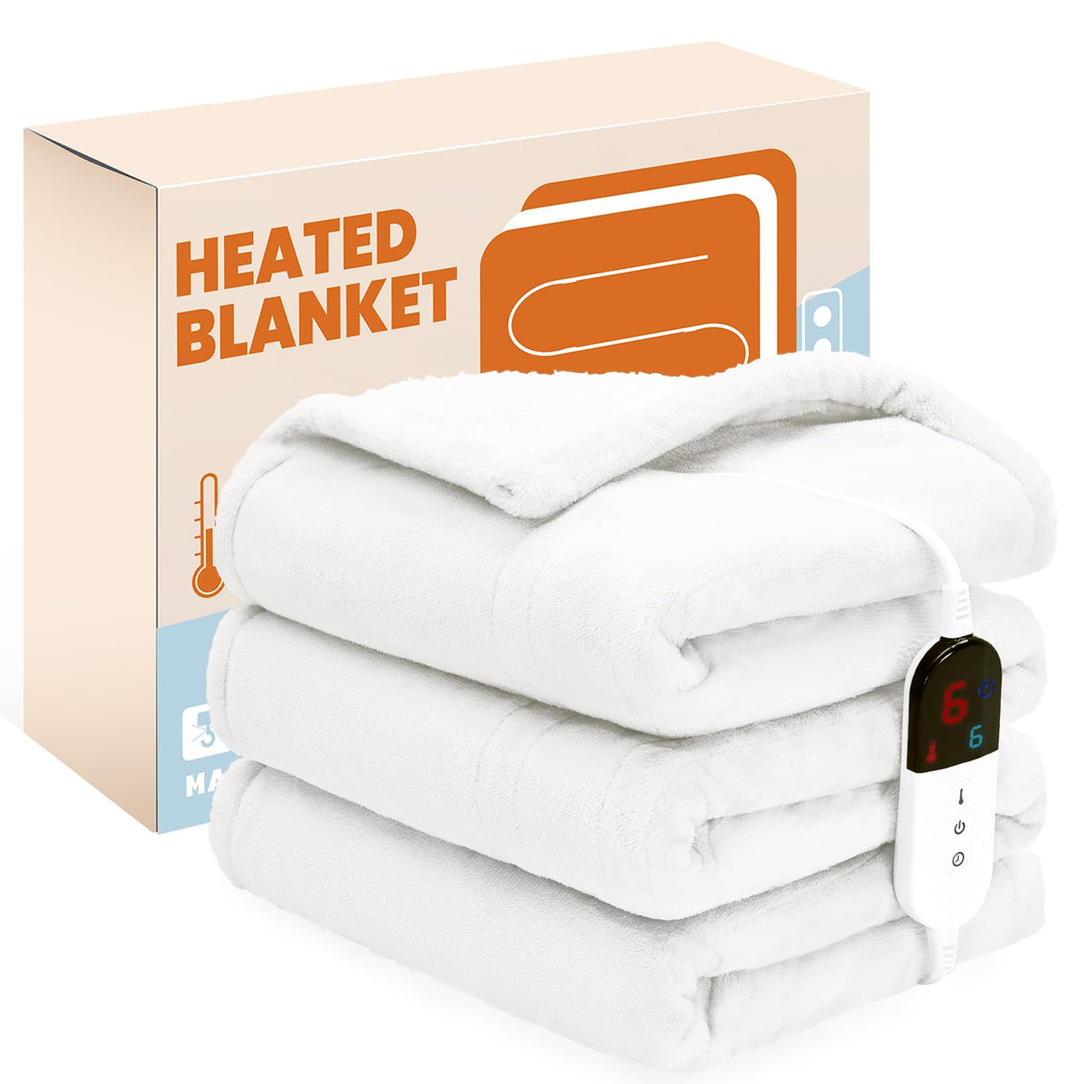 PTQ Electric Heated Throw Blanket, Flannel & Sherpa, 50"x60", 6 heat levels, 4-hour auto-off, White