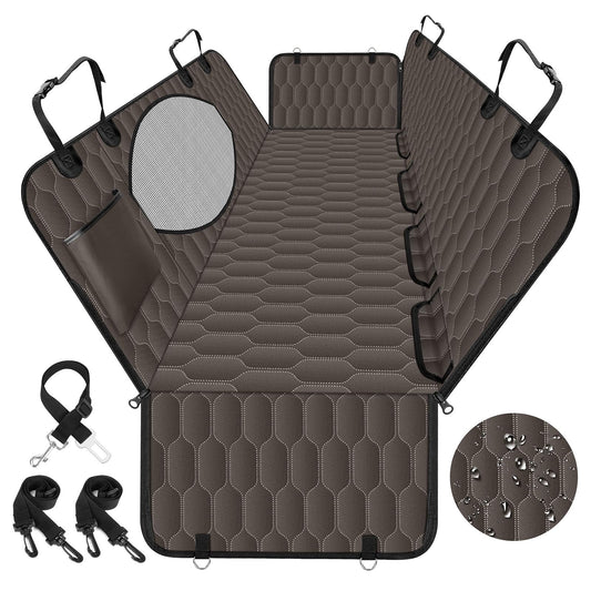 Waterproof Scratch-Proof Nonslip Dog Car Seat Cover with Mesh Window & Pocket (Brown/Black)
