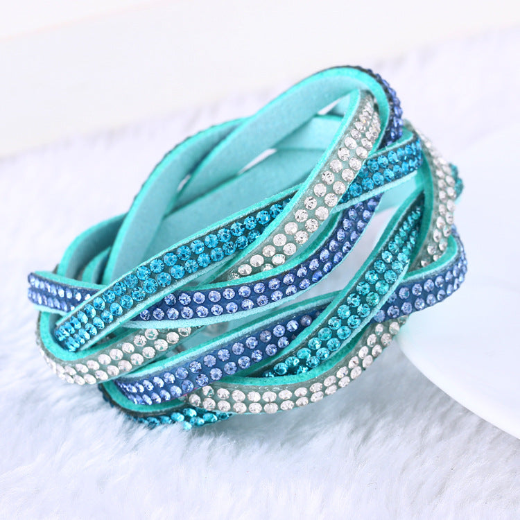 Multi-Layer Leather Bracelet with Rhinestones