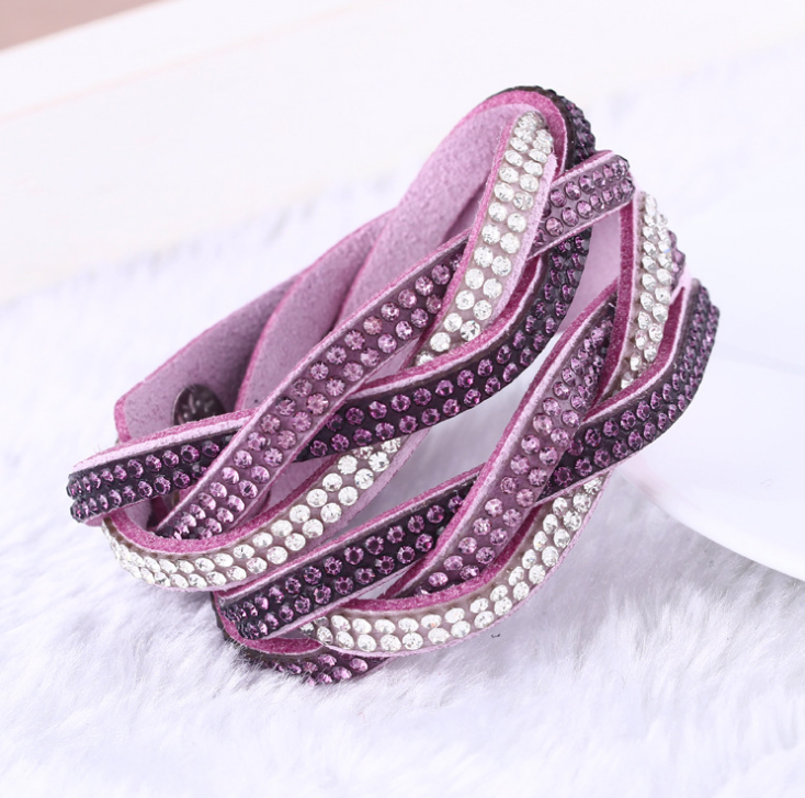 Multi-Layer Leather Bracelet with Rhinestones