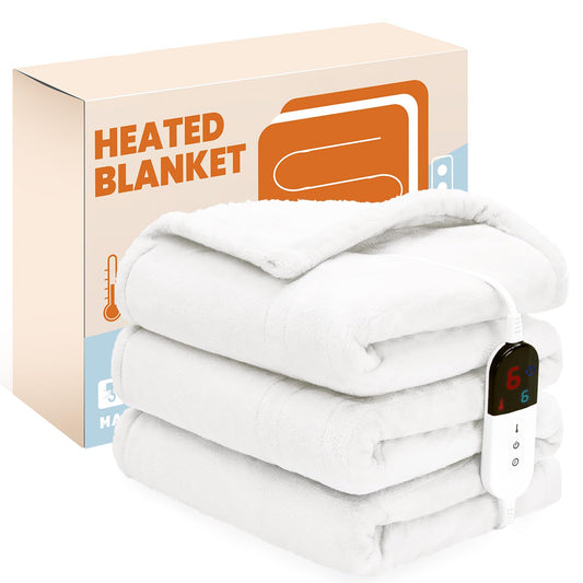PTQ Electric Heated Throw Blanket, Flannel & Sherpa, 50"x60", 6 heat levels, 4-hour auto-off, White