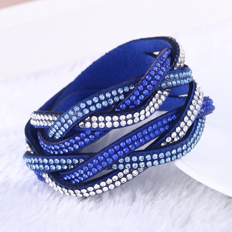 Multi-Layer Leather Bracelet with Rhinestones
