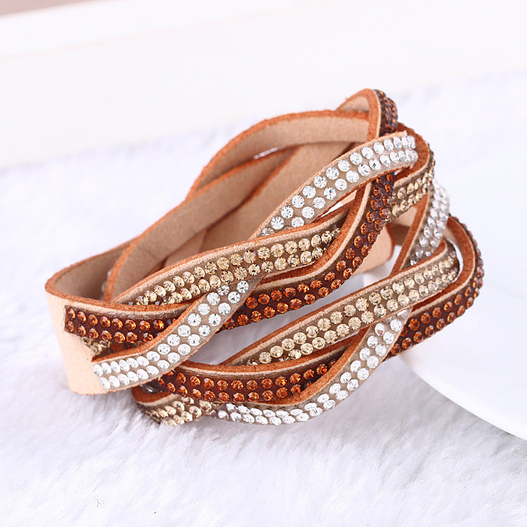 Multi-Layer Leather Bracelet with Rhinestones